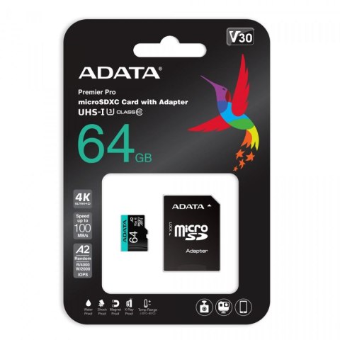 Adata Karta pamięci microSD Premier Pro 64 GB UHS1 U3 V30 A2 + adapter