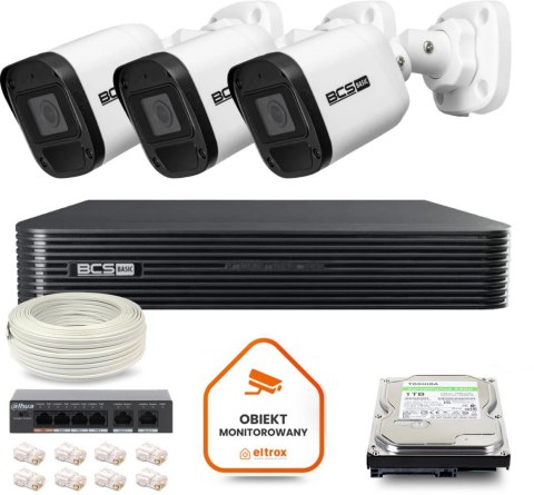 Zestaw monitoringu IP BCS Basic 3x Kamera BCS-B-TIP15FR3(2.0) Rejestrator z dyskiem
