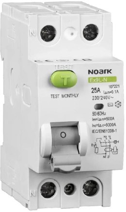 WYŁĄCZNIK RÓŻNICOWOPRĄDOWY, 6 KA, 25A, 30MA, 2P TYP AC EX9L-N Noark 108314