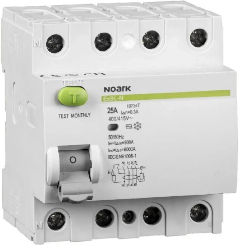 WYŁĄCZNIK RÓŻNICOWOPRĄDOWY, 6 KA, 25A, 30MA, 4P TYP AC EX9L-N. Noark 108331