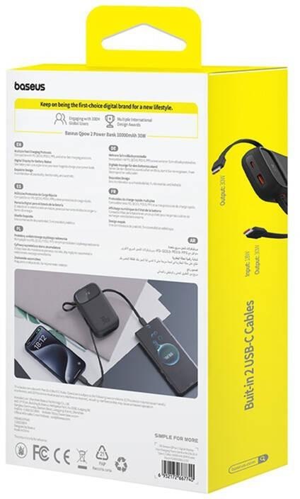 Powerbank Baseus QPow 2 10000mAh 30W z 2 wbudowanymi kablami USB-C - czarny