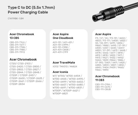 KABEL ZASILAJĄCY C14119BK-1.8M DC Jack 5.5 x 1.7 mm / USB-C 1.8 m UNITEK