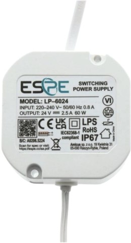 ZASILACZ IMPULSOWY DOPUSZKOWY ESPE LP-6024 24V/60W/2.5A IP67