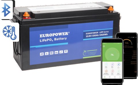 Akumulator LiFePO4 EUROPOWER serii LFP 12,8V 150Ah Bluetooth, mata grzewcza (Żywotność ~2000 cykli)