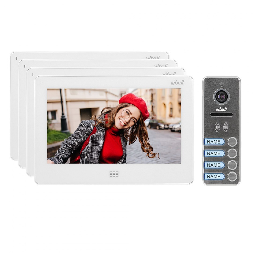 Zestaw wideodomofonowy 4-rodzinny, bezsłuchawkowy kolor, LCD 7", dotykowy, menu OSD, pamięć, gniazdo na kartę SD, DVR, sterowani