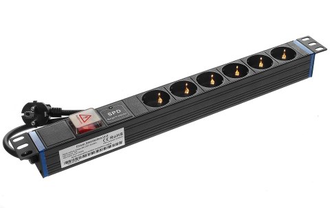 6GN-P - listwa zasilająca 19" z włącznikiem oraz zabezpieczeniem przeciwprzepięciowym (SPD) - 6 gniazd SCHUKO